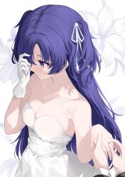 Rule 34 | 1boy, 1girl, absurdres, alternate costume, averting eyes, blue archive, breasts, bride, closed mouth, collarbone, commentary, dress, embarrassed, facing away, floral background, flower, gloves, hair ribbon, highres, jewelry, long hair, marriage proposal, medium breasts, purple eyes, purple hair, putting on jewelry, ribbon, ring, siisii0630, single glove, solo focus, strapless, strapless dress, two side up, wedding dress, wedding ring, white background, white dress, white flower, white ribbon, yuuka (blue archive)