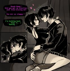 Rule 34 | 1boy, 1girl, andrew graves, ashley graves, black hair, black shirt, black sweater, blush, english text, green eyes, hands on another&#039;s cheeks, hands on another&#039;s face, hands on another&#039;s shoulders, hetero, highres, incest, kiss, pants, pink eyes, saliva, saliva trail, shirt, shorts, siblings, sweat, sweater, the coffin of andy and leyley, torn clothes, torn pants, watasi tokimi