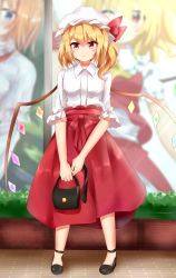 Rule 34 | 1girl, :&lt;, alice margatroid, alternate costume, alternate footwear, bag, black footwear, blonde hair, blouse, blurry, blush, breasts, contemporary, depth of field, drawing (object), flandre scarlet, frown, full body, hair between eyes, handbag, hat, hat ribbon, highres, looking at viewer, medium sleeves, mob cap, one eye closed, planter, puffy short sleeves, puffy sleeves, red eyes, red skirt, red vest, ribbon, sett, shirt, short hair, short sleeves, side ponytail, sidewalk, skirt, small breasts, solo, standing, storefront, striped clothes, striped headwear, striped shirt, touhou, vest, white shirt, wings, yuki (snowmaiden)
