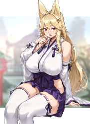 Rule 34 | 1girl, animal ears, blonde hair, blue skirt, blurry, blurry background, blush, breasts, detached sleeves, fox ears, highres, hip vent, houtengeki, japanese clothes, kimono, large breasts, long hair, looking at viewer, open mouth, original, red eyes, sitting, skirt, sleeveless, sleeveless kimono, solo, thighhighs, thighs, white kimono, white thighhighs, wide sleeves