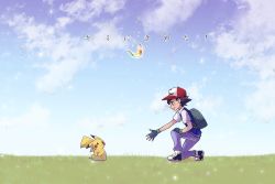Rule 34 | ash ketchum, backpack, bag, closed mouth, commentary request, creature, creatures (company), day, eye contact, feathers, fingerless gloves, game freak, gen 1 pokemon, gloves, looking at another, miu (miuuu 721), nintendo, on one knee, pants, partial commentary, pikachu, pokemon, pokemon (anime), pokemon (classic anime), pokemon (creature), pokemon ep001, smile, translated