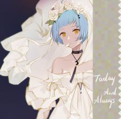 Rule 34 | 1girl, bare shoulders, blue hair, breasts, closed mouth, collarbone, dress, flower, girls&#039; frontline, hair flower, hair ornament, jewelry, looking at viewer, necklace, official alternate costume, petals, short hair, simple background, small breasts, smile (mm-l), solo, upper body, wedding dress, white dress, yellow eyes, zas m21 (affections behind the bouquet) (girls&#039; frontline), zas m21 (girls&#039; frontline)