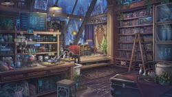 Rule 34 | beaker, book, bookshelf, ceiling light, chemistry, city lights, cityscape, cyberpunk, drawer, first aid kit, flask, highres, indoors, ladder, mitsuki (yu hsiang yi), night, night sky, no humans, notes, open book, original, plant, potted plant, quill, railing, rug, scenery, science fiction, sky, stairs, test tube, treasure chest, wooden floor