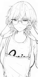 Rule 34 | 1girl, adjusting eyewear, apron, bespectacled, breasts, closed mouth, commentary request, glasses, greyscale, highres, indonesian commentary, large breasts, looking at viewer, mole, mole under mouth, monochrome, original, round eyewear, shirt, short hair, sketch, smile, solo, upper body, vloodozer