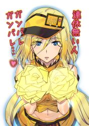 Rule 34 | 1girl, ashiomi masato, bare shoulders, blonde hair, blue eyes, cheerleader, crop top, guilty gear, guilty gear xrd, long hair, looking at viewer, midriff, millia rage, navel, open mouth, pom pom (cheerleading), simple background, skirt, sleeveless, solo, very long hair, visor cap, white background