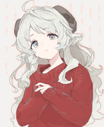 Rule 34 | 1girl, :&lt;, ahoge, animal ears, bags under eyes, blue eyes, bright pupils, closed mouth, earrings, expressionless, from below, grey background, grey hair, hands up, head tilt, hoop earrings, horns, jewelry, kinutani yutaka, long hair, long sleeves, looking at viewer, looking down, messy hair, multicolored eyes, original, outline, own hands together, pink outline, red sweater, sheep ears, sheep girl, sheep horns, signature, solo, sweater, tareme, upper body, v, very long hair, w arms, wavy hair