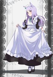 Rule 34 | 1girl, absurdres, alternate costume, animal ears, apron, blue eyes, breasts, closed mouth, clothes lift, enmaided, full body, highres, horse ears, long hair, looking at viewer, maid, maid headdress, mejiro mcqueen (umamusume), purple eyes, purple hair, simple background, skirt, skirt lift, small breasts, solo, standing, tokiani, umamusume, white background