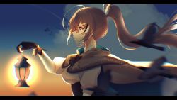 Rule 34 | 1girl, ahoge, bird, brown cape, brown capelet, brown cloak, brown corset, brown eyes, brown hair, cape, capelet, cloak, cloud, cloudy sky, corset, dusk, feather hair ornament, feathers, gloves, hair ornament, hieroglyphics, highres, hololive, hololive english, lantern, letterboxed, long hair, macchirei, motion blur, multicolored hair, nanashi mumei, partially fingerless gloves, ponytail, shirt, sky, solo, streaked hair, virtual youtuber, white shirt