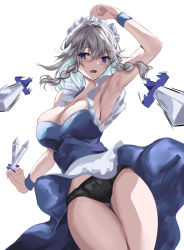Rule 34 | 1girl, arm up, blue dress, blue eyes, bow, braid, breasts, cleavage, dress, green bow, hair bow, izayoi sakuya, kaeranu kaeru, knife, lace, lace-trimmed panties, lace trim, large breasts, maid headdress, one-hour drawing challenge, panties, short hair, silver hair, simple background, sleeveless, solo, thick thighs, thighs, touhou, twin braids, underwear, white background, wrist cuffs