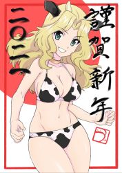 Rule 34 | 1girl, 2021, absurdres, animal print, artist logo, bikini, blonde hair, blue eyes, border, breasts, brown choker, choker, cleavage, commentary, cow print, cow print bikini, cowboy shot, facing viewer, girls und panzer, grin, hair intakes, halterneck, happy new year, highres, japanese flag, kay (girls und panzer), large breasts, legs together, long hair, looking at viewer, navel, new year, outside border, print bikini, red background, red border, rising sun flag, simple background, smile, standing, sunburst, swimsuit, takku 2018, translated, white background, white bikini
