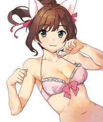 Rule 34 | 10s, 1girl, :3, alternate hairstyle, animal ears, bad id, bad twitter id, bare arms, bare shoulders, bikini, breasts, brown hair, cat ears, cat girl, cleavage, clenched hands, collarbone, dutch angle, female focus, frill trim, frills, green eyes, hair ribbon, halterneck, idolmaster, idolmaster cinderella girls, looking at viewer, maekawa miku, medium breasts, navel, neck, paw pose, pink bikini, ponytail, ribbon, short hair, shovelwell, simple background, smile, solo, swimsuit, white background