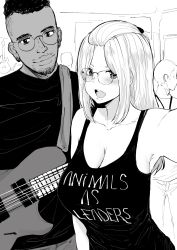 Rule 34 | 1boy, 1girl, absurdres, animals as leaders, group name, bangs pinned back, bare shoulders, black shirt, blush, breasts, cleavage, commentary, earrings, english commentary, glasses, greyscale, guitar, hair ornament, hairclip, highres, indoors, inne sulistya robin, instrument, jewelry, large breasts, long hair, looking at viewer, monochrome, norman maggot, open mouth, original, selfie, shirt, short hair, sidelocks, smile, tank top, teacher, tosin abasi