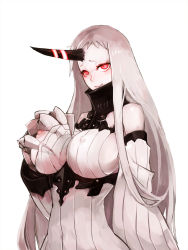 Rule 34 | 10s, 1girl, abyssal ship, blush, breasts, claws, colored skin, detached sleeves, dress, covered erect nipples, highres, horns, kantai collection, large breasts, long hair, looking at viewer, nipples, pale skin, red eyes, ribbed dress, ribbed sweater, seaport princess, simple background, single horn, smile, solo, sweater, sweater dress, totteri, very long hair, white background, white dress, white hair, white skin