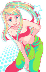 Rule 34 | 1girl, :d, arm behind back, bandeau, bare arms, bare shoulders, blonde hair, blue background, blue eyes, breasts, floating hair, fullmetal alchemist, green hair, green pants, halftone, halftone background, happy, leaning forward, long hair, looking away, multicolored hair, navel, open mouth, pants, ponytail, shirou (vista), simple background, smile, solo, solo focus, spread legs, star (symbol), tank top, two-tone background, white background, winry rockbell