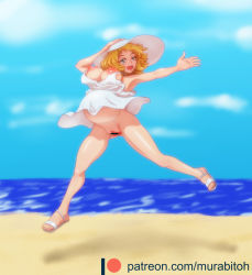 Rule 34 | 1girl, beach, blonde hair, breasts, censored, dress, hat, highres, jumping, marilyn monroe, mature female, murabito-h, nipples, no panties, outdoors, parody, pregnant, pussy, sandals, solo, upskirt, white dress, white footwear
