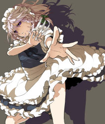 Rule 34 | 1girl, between fingers, blouse, blue shirt, braid, female focus, grey background, hair between eyes, hair ribbon, holding, holding knife, izayoi sakuya, knife, knives between fingers, maid, massuru, muscle(pixiv), purple eyes, ribbon, shirt, short hair, silver hair, socks, solo, standing, standing on one leg, throwing knife, touhou, twin braids, twintails, weapon, white socks