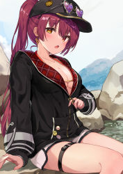 Rule 34 | 1girl, absurdres, baseball cap, bikini, bikini under clothes, black hat, black jacket, blush, breasts, brown eyes, cleavage, commentary request, day, earrings, eyewear on head, hat, heart, heart-shaped eyewear, heart earrings, heterochromia, highres, hololive, houshou marine, houshou marine (summer), jacket, jewelry, long hair, long sleeves, looking at viewer, medium breasts, open mouth, outdoors, ponytail, puffy long sleeves, puffy sleeves, purple-tinted eyewear, racchi., red bikini, red eyes, red hair, short shorts, shorts, sleeves past wrists, solo, swimsuit, tinted eyewear, very long hair, virtual youtuber, white shorts