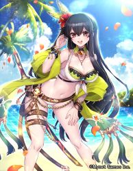 Rule 34 | 1girl, bad id, bad twitter id, bare shoulders, beach, belt, black hair, blue sky, bracelet, breasts, brown eyes, cleavage, cloud, cloudy sky, collarbone, commentary request, copyright name, day, fingernails, flower, gyakushuu no fantasica, hair flower, hair ornament, hand up, hibiscus, highres, jewelry, katagiri hachigou, large breasts, long hair, navel, necklace, official art, open mouth, outdoors, palm leaf, palm tree, petals, sheath, sheathed, sky, smile, solo, sparkle, sunlight, sword, thigh strap, tree, very long hair, weapon