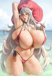 Rule 34 | 1girl, bikini, breasts, brown eyes, cleavage, collarbone, curvy, eu03, gigantic breasts, granblue fantasy, grey hair, hat, lips, long hair, magisa (granblue fantasy), nail polish, navel, red bikini, red hat, sidelocks, skindentation, smile, solo, swimsuit, thick thighs, thighs, very long hair, witch hat