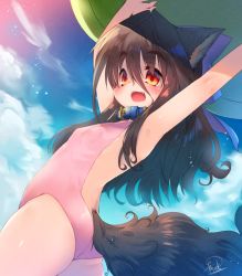 Rule 34 | 1girl, animal ears, armpits, arms up, ass, backless outfit, bare back, brown hair, casual one-piece swimsuit, cloud, collar, commentary request, day, dog ears, dog tail, from behind, long hair, looking back, one-piece swimsuit, open mouth, original, red eyes, sky, smile, solo, swimsuit, tail, toba hiyoko