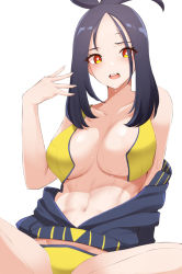 Rule 34 | 1girl, abs, bare shoulders, bikini, black hair, blush, breasts, cleavage, collarbone, creatures (company), dendra (pokemon), game freak, haneramu, highres, large breasts, long hair, looking at viewer, navel, nintendo, open mouth, parted bangs, pokemon, pokemon sv, sidelocks, solo, swimsuit, thighs, toned, white background, yellow bikini, yellow eyes