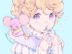 Rule 34 | 1girl, animal, animal on shoulder, blanca (sugar sugar rune), blonde hair, blue background, blush, earrings, fishnet gloves, fishnets, fur collar, gloves, hano luno, heart, highres, jewelry, long sleeves, looking at viewer, mouse (animal), multiple rings, nail polish, necklace, open mouth, own hands together, pearl necklace, purple eyes, ring, short hair, single glove, solo, sugar sugar rune, upper body, vanilla mieux
