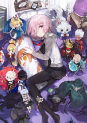 Rule 34 | 1girl, alchemaniac, archer (fate), arjuna (fate), artoria pendragon (all), artoria pendragon (fate), bed, black dress, black pantyhose, cardigan, character doll, dakimakura (object), dress, fate/grand order, fate (series), fou (fate), from above, fujimaru ritsuka (female), gae bolg (fate), hair between eyes, heracles (fate), highres, illyasviel von einzbern, indoors, karna (fate), long sleeves, looking at viewer, lying, mash kyrielight, miniskirt, mordred (fate), mordred (fate/apocrypha), necktie, no shoes, oda nobunaga (fate), oda nobunaga (koha-ace), okita souji (fate), okita souji (koha-ace), on side, open cardigan, open clothes, pantyhose, pillow, pink eyes, pink hair, pleated dress, purple eyes, red necktie, saber (fate), short dress, short hair, skirt, smile, solo, sweater