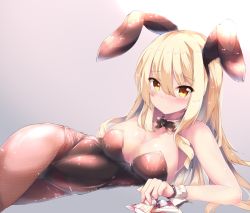 Rule 34 | 1girl, animal ears, black bow, black bowtie, black leotard, black pantyhose, blonde hair, bow, bowtie, breasts, cleavage, cowboy shot, detached collar, fake animal ears, fishnet pantyhose, fishnets, fuuna, gradient background, grey background, large breasts, leotard, long hair, looking at viewer, original, pantyhose, playboy bunny, rabbit ears, rabbit girl, solo, strapless, strapless leotard, wrist cuffs, yellow eyes