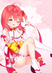 Rule 34 | 1girl, absurdres, ahoge, breasts, bridal garter, cherry blossom print, detached sleeves, floral print, frills, green eyes, hair ornament, hairclip, happy birthday, highres, hololive, long hair, nontraditional miko, one eye closed, one side up, otorih 1610, paw print, paw print pattern, petals, pink hair, sakura miko, sakura miko (1st costume), sandals, sideboob, single sock, single thighhigh, sitting, socks, solo, thighhighs, virtual youtuber, white footwear