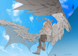 Rule 34 | 1girl, artist name, black pantyhose, blue sky, boots, breasts, cat, closed eyes, closed mouth, cloud, dark-skinned female, dark skin, day, demizu posuka, feathered wings, floating, floating hair, foreshortening, grey footwear, grey shorts, long braid, original, outdoors, pantyhose, ribbon, shirt, shorts, signature, sketch, sky, sleeveless, sleeveless shirt, small breasts, solo, spread wings, white hair, white shirt, white wings, wings