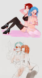 Rule 34 | 2girls, blue hair, blush, grabbing another&#039;s breast, breasts, buggy the clown, clown, genderswap, genderswap (mtf), grabbing, high heels, highres, icha, jewelry, large breasts, legs, crossed legs, lingerie, multiple girls, nail polish, nipples, one piece, pink nails, ponytail, red hair, red nose, sandals, shanks (one piece), shoes, short hair, sitting, sketch, sparkle, text focus, thighhighs, underwear, yuri