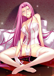 Rule 34 | 1girl, bare shoulders, breasts, checkered floor, collar, corset, fate/stay night, fate (series), feet, floor, gloves, large breasts, lingerie, long hair, looking at viewer, medusa (fate), medusa (rider) (fate), no shoes, panties, perspective, pillow, sitting, solo, spread legs, square pupils, task owner, thighhighs, underwear, very long hair, white panties, white thighhighs