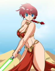 Rule 34 | 1girl, blue eyes, braid, breasts, cosplay, dancer, desert, energy sword, green lightsaber, holding, holding sword, holding weapon, large breasts, leia organa (cosplay), lightsaber, looking at viewer, pelvic curtain, ranma-chan, ranma 1/2, red hair, revealing clothes, single braid, star wars, sword, weapon, wide hips