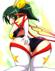 Rule 34 | 1girl, ass, blush, boots, breast expansion, breasts, cosplay, female focus, gloves, green eyes, green hair, hand on own ass, highres, kneeling, looking back, midorikawa nao, ponytail, precure, pururun z, short hair, sideboob, smile precure!, solo, space yoko (cosplay), surprised, tengen toppa gurren lagann, thigh boots, thighhighs, voice actor connection, yoko littner, yoko littner (cosplay)