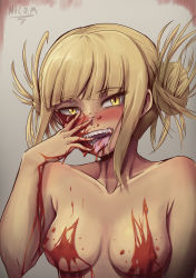 Rule 34 | 1girl, bare arms, blonde hair, blood, blush, boku no hero academia, breasts, brown background, collarbone, double bun, hair bun, highres, matching hair/eyes, medium breasts, messy hair, nico-mo, open mouth, slit pupils, smile, solo, teeth, toga himiko, tongue, tongue out, topless, upper body, yellow eyes
