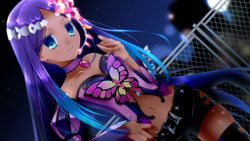Rule 34 | 1girl, bare shoulders, blue eyes, blue hair, bug, butterfly, chisamikan, choker, closed mouth, collarbone, dark skin, dark-skinned female, detached sleeves, dutch angle, female focus, gradient hair, hair ornament, hand on own hip, highres, bug, jewelry, long hair, looking at viewer, matching hair/eyes, merli (vocaloid), multicolored hair, navel, night, outdoors, petite, purple hair, shorts, solo, thighhighs, very long hair, vocaloid, yamaha