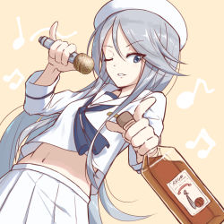 Rule 34 | 10s, 1girl, alcohol, beamed quavers, blouse, blue eyes, blue neckerchief, bottle, commentary request, dixie cup hat, flint (girls und panzer), girls und panzer, grey hair, hat, holding, light smile, liquor, long hair, long sleeves, looking at viewer, microphone, midriff, mikuru ism, military hat, miniskirt, musical note, navel, neckerchief, one eye closed, parted lips, pinky out, pleated skirt, pointing, quaver, sailor, school uniform, serafuku, shirt, skirt, solo, white hat, white shirt, white skirt, yellow background