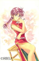 Rule 34 | 1990s (style), 1girl, braid, breasts, china dress, chinese clothes, copyright notice, cowboy shot, dress, english text, feet out of frame, freckles, holding, holding wrench, legs, long hair, looking at viewer, matsubara hidenori, medium breasts, official art, parted lips, pelvic curtain, purple eyes, purple hair, red dress, retro artstyle, ri kouran, round eyewear, sakura taisen, second-party source, sega, short hair, side slit, simple background, sitting, smile, solo, solo focus, tools, twin braids, wooden stool, wrench