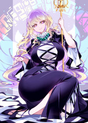Rule 34 | 1girl, absurdres, bead necklace, beads, black footwear, blonde hair, breasts, closed mouth, dress, fingernails, full body, gradient hair, highres, hijiri byakuren, huge breasts, jewelry, layered dress, long hair, multicolored hair, nail polish, necklace, purple hair, purple nails, raptor7, shakujou, shoes, smile, solo, sorcerer&#039;s sutra scroll, staff, touhou, wavy hair, white dress, yellow eyes