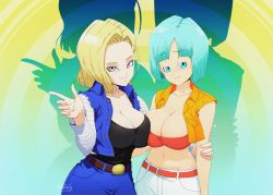 Rule 34 | 2girls, android 18, black tank top, blonde hair, blue eyes, blush, breasts, bulma, cleavage, closed mouth, collarbone, dragon ball, dragonball z, green hair, hand on another&#039;s arm, hand on another&#039;s hip, highres, large breasts, ledy, looking at viewer, midriff, multiple girls, navel, red tube top, sleeveless, strapless, tank top, tube top