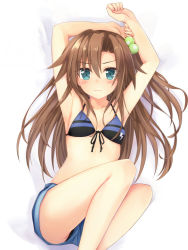 Rule 34 | 10s, 1girl, aqua eyes, armpits, arms up, bikini, bikini top only, blush, brown hair, flat chest, front-tie top, frown, fuji kakei, hair bobbles, hair ornament, if (neptunia), long hair, long image, looking at viewer, lying, neptune (series), on back, panties, pantyshot, side ponytail, simple background, solo, string bikini, striped bikini, striped clothes, swimsuit, tall image, thighs, underwear, upshorts, white background