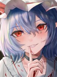 Rule 34 | 1girl, ascot, black choker, blood, blood from mouth, blood on clothes, blood on face, blue hair, choker, cross, fang, hat, hat ribbon, looking at viewer, mob cap, red eyes, remilia scarlet, ribbon, ropu 1, short hair, solo, touhou, vampire