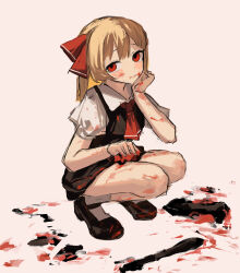 Rule 34 | 1girl, ascot, black footwear, black skirt, black vest, blonde hair, blood, blood on clothes, blood on face, blood on hands, blood on leg, clynxen, commentary, english commentary, full body, hair ribbon, hand up, highres, looking at viewer, mary janes, medium hair, red ascot, red eyes, red ribbon, ribbon, rumia, shirt, shoes, short sleeves, skirt, socks, solo, squatting, tan background, touhou, vest, white shirt, white socks