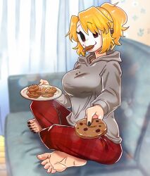 1girl :3 black_nails blonde_hair blurry borrowed_character breasts commentary commission cookie curtains dalsegno depth_of_field eating english_commentary feet food food_in_mouth food_on_face full_body hair_over_one_eye holding holding_food holding_plate hood hood_down hoodie indian_style indoors large_breasts locket_white_(bakalorin) long_sleeves mario_(series) nail_polish nintendo original pants plaid_clothes plaid_pants plate shy_gal sitting soles sunlight swept_bangs toenail_polish toenails toes white_mask