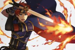Rule 34 | 1boy, armor, aym (ash3ash3ash), bad id, bad twitter id, blue armor, blue eyes, cape, fire, fire emblem, fire emblem: the binding blade, gloves, headband, looking at viewer, male focus, nintendo, open mouth, red hair, roy (fire emblem), short hair, simple background, sword, weapon