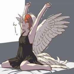 Rule 34 | 1girl, arms up, barefoot, bird tail, bird wings, black camisole, blonde hair, camisole, closed eyes, closed mouth, feathered wings, multicolored hair, niwatari kutaka, red hair, short hair, sitting, solo, tail, tears, toes, touhou, two-tone hair, wariza, wings, yellow wings, yudepii