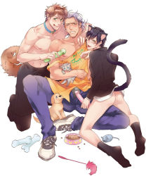 Rule 34 | 3boys, animal ears, bara, blush, bulge, collar, dildo, glasses, looking at viewer, male focus, multiple boys, muscular, naughty face, sakiraryo, school uniform, sex toy, size difference, socks, sweat, tail, underwear, undressing, yaoi