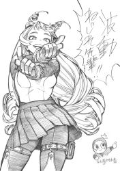 Rule 34 | 1girl, bodysuit, boku no hero academia, breasts, drill hair, gloves, greyscale, hadou nejire, hair horns, highres, horikoshi kouhei, long hair, monochrome, official art, open mouth, pleated skirt, simple background, sketch, skindentation, skirt, smile, thigh strap, thighs, twin drills, very long hair, white background