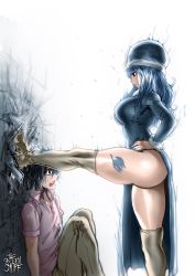 Rule 34 | 1boy, 1girl, assertive female, black hair, blue hair, boots, breasts, couple, derivative work, domination, fairy tail, foot kabedon, gray fullbuster, hand on own hip, hands on own hips, hat, highres, huge breasts, imminent rape, juvia lockser, kabedon, large breasts, leg tattoo, long hair, comic panel redraw, medium hair, open mouth, pink shirt, scared, shirt, short hair, sideboob, skin tight, surprised, tattoo, the golden smurf, thick thighs, thigh boots, thighs, you gonna get raped