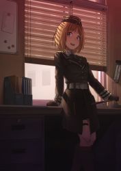 Rule 34 | 1girl, belt, boots, desk, girls&#039; frontline, gloves, hat, highres, lamp, light rays, looking at viewer, magnet, military, military hat, military uniform, mp40 (girls&#039; frontline), necktie, office, open mouth, scenery, short hair, smile, standing, sunbeam, sunlight, triangle bullet, uniform, whiteboard, window